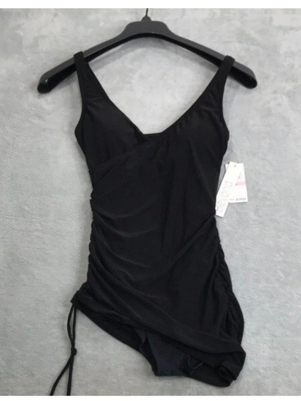 NWT 6 Beyond Control Black Draped Ruching Ruched V Neck Swim Dress Swimsuit